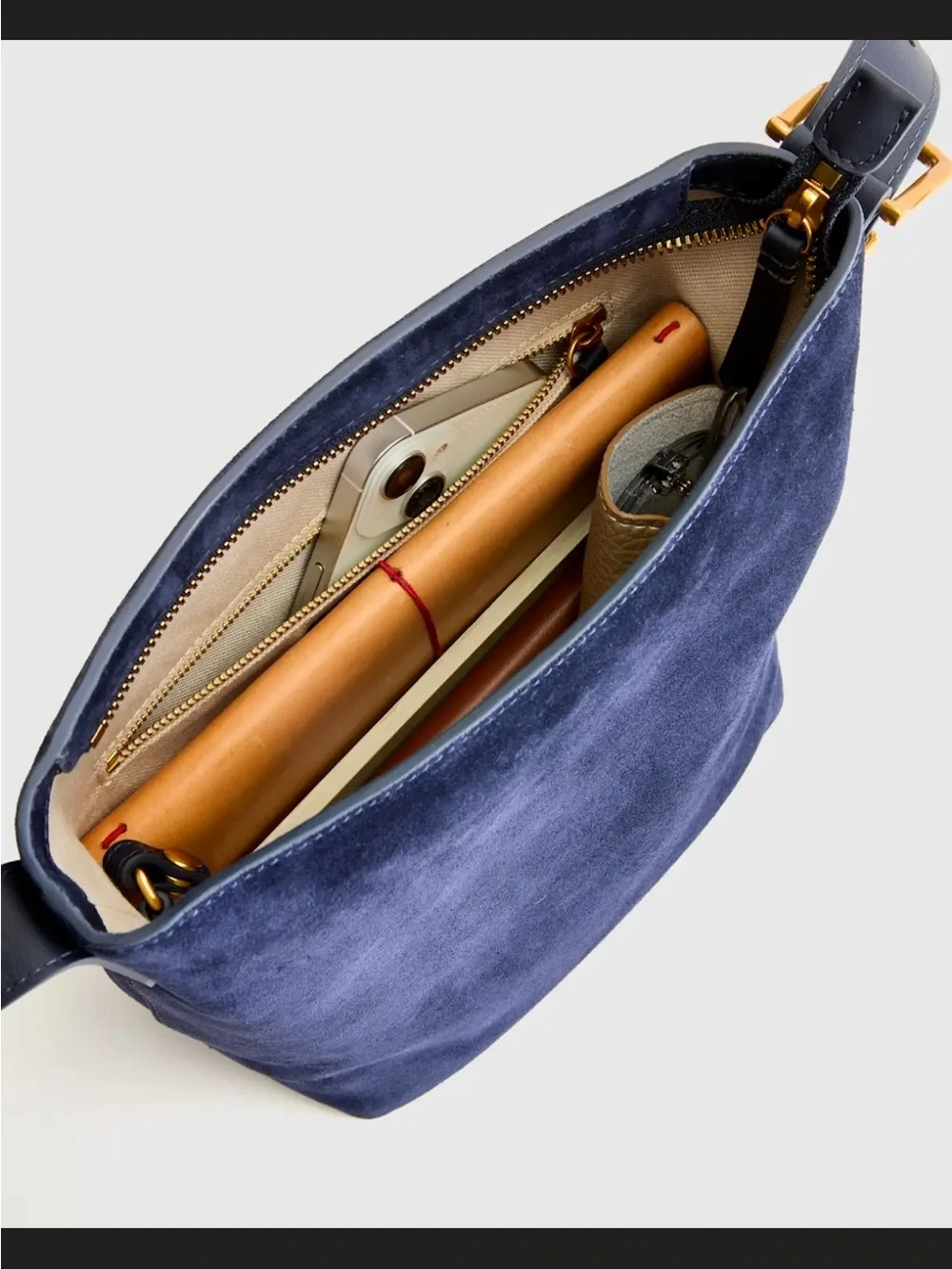 Quince Navy Suede Shoulder Bag with Leather Strap